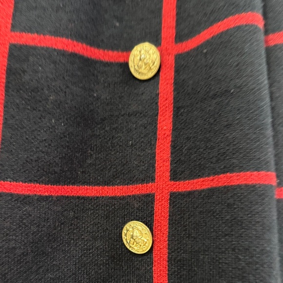 Anne Klein Navy Blue and Red Plaid Long Coat with Gold Buttons - Picture 5 of 6